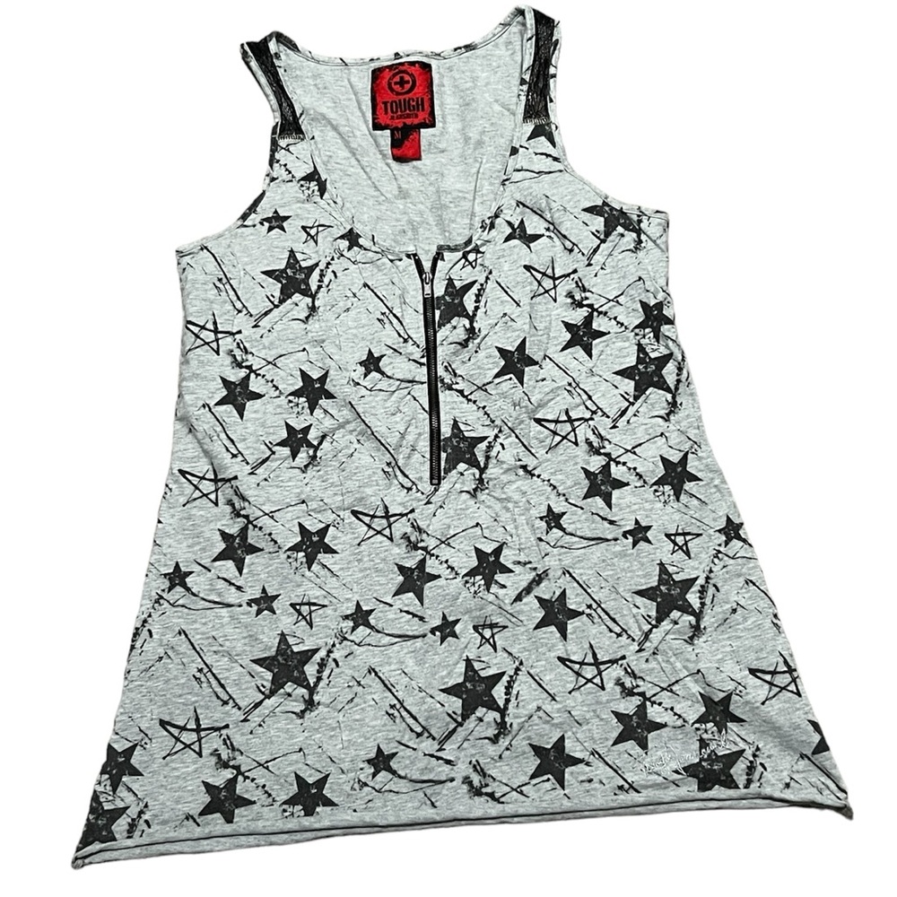 Vintage TOUGH Jeansmith Tank Top Medium Grey w/ Star Print Lace Trim Zip Front